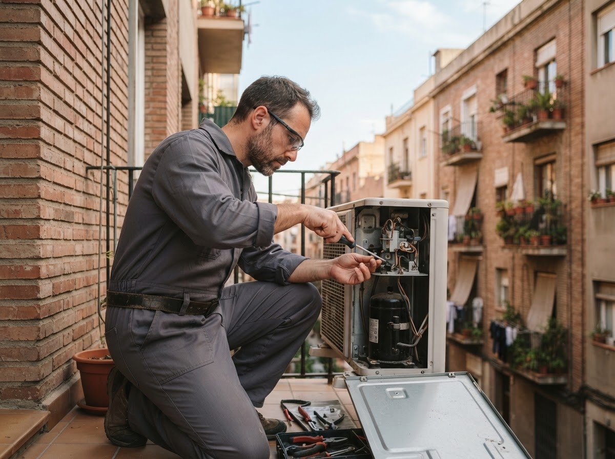Técnico reparando un aire acondicionado